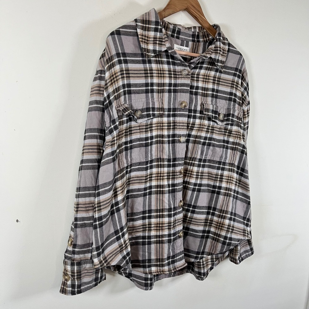 American Eagle Outfitters Plaid Flannel Button Down Shirt Neutral Gorpcore Large - Picture 3 of 7